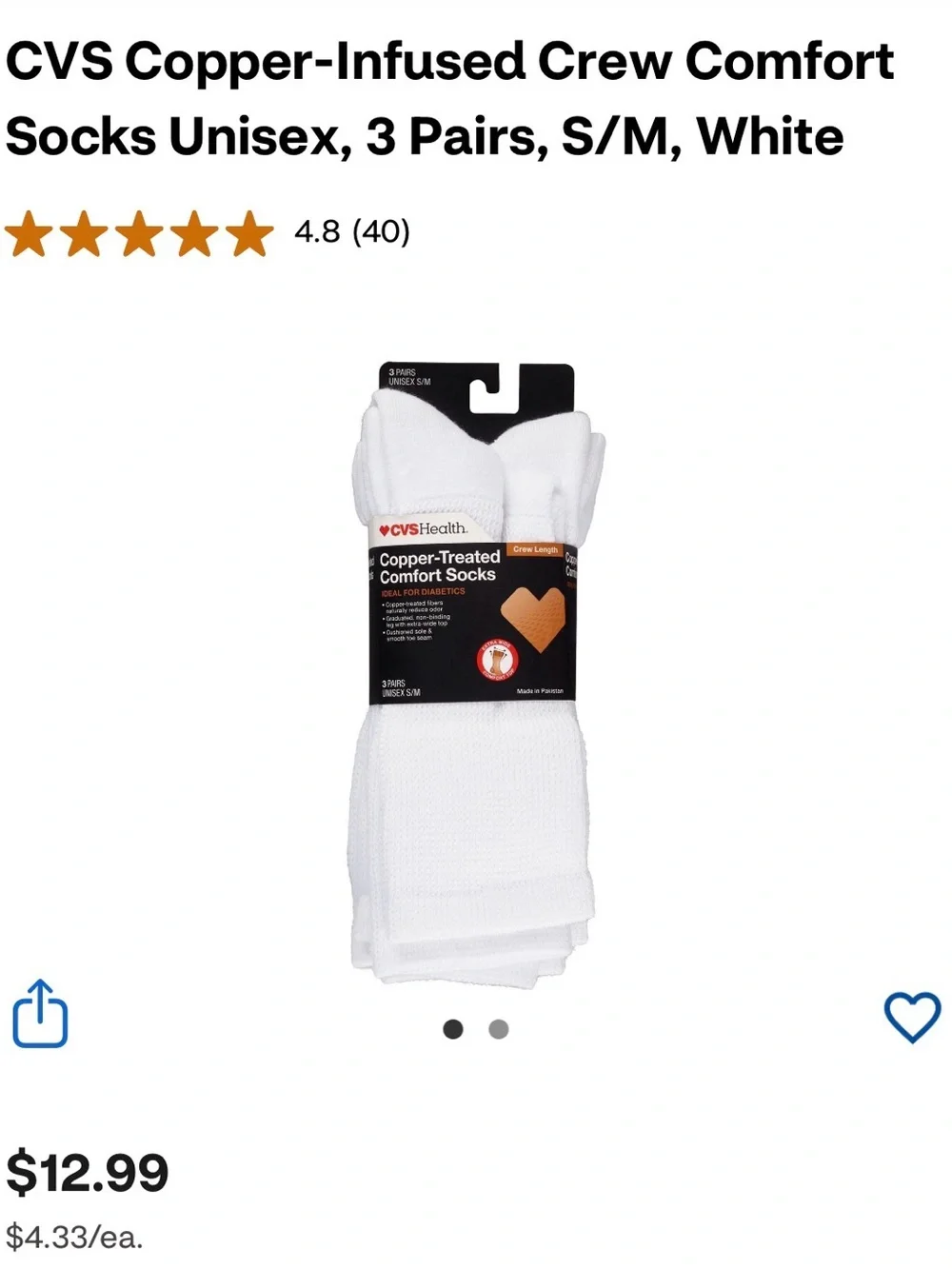 💕 $8 Bundled CVS Health White Copper-Treated Comfort Crew Socks - 3 Pack